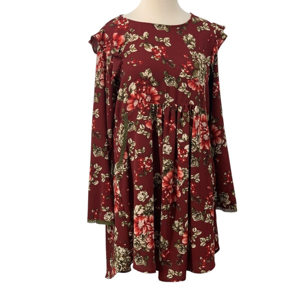 Uncle Frank Womens Long Sleeve Mini Dress Ruffle Shoulder A-Line Maroon Size M